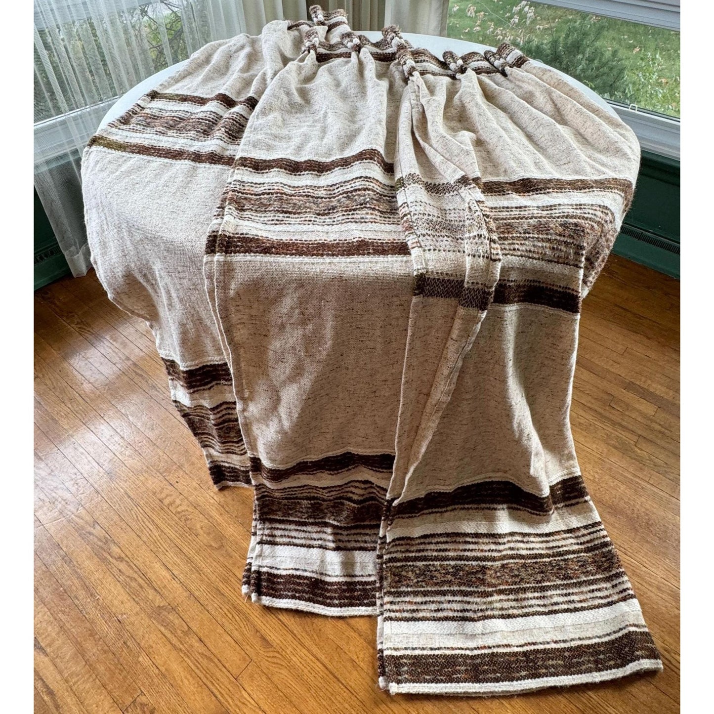 Vintage 70s pleated curtain, brown, beige stripes