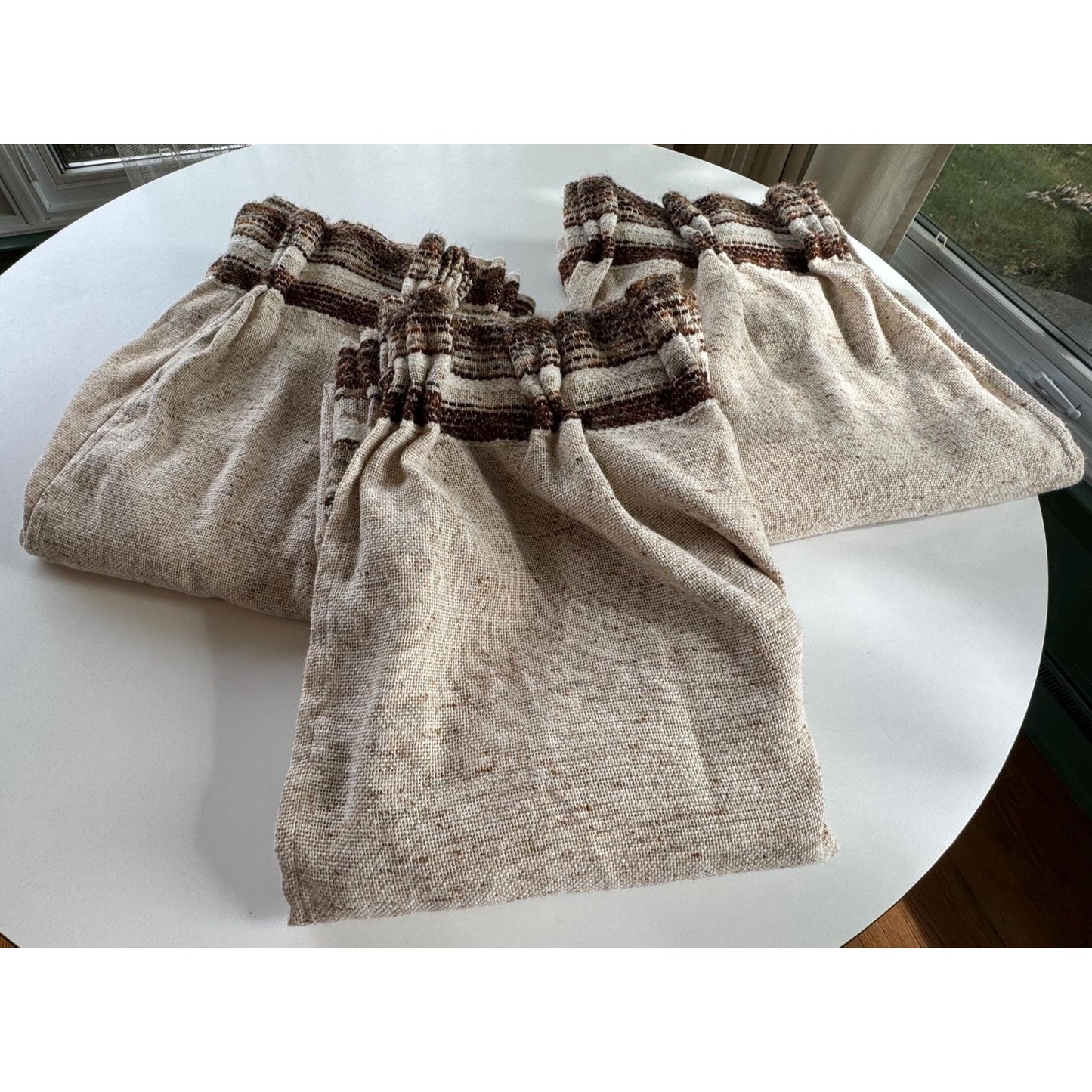 Vintage 70s pleated curtain, brown, beige stripes