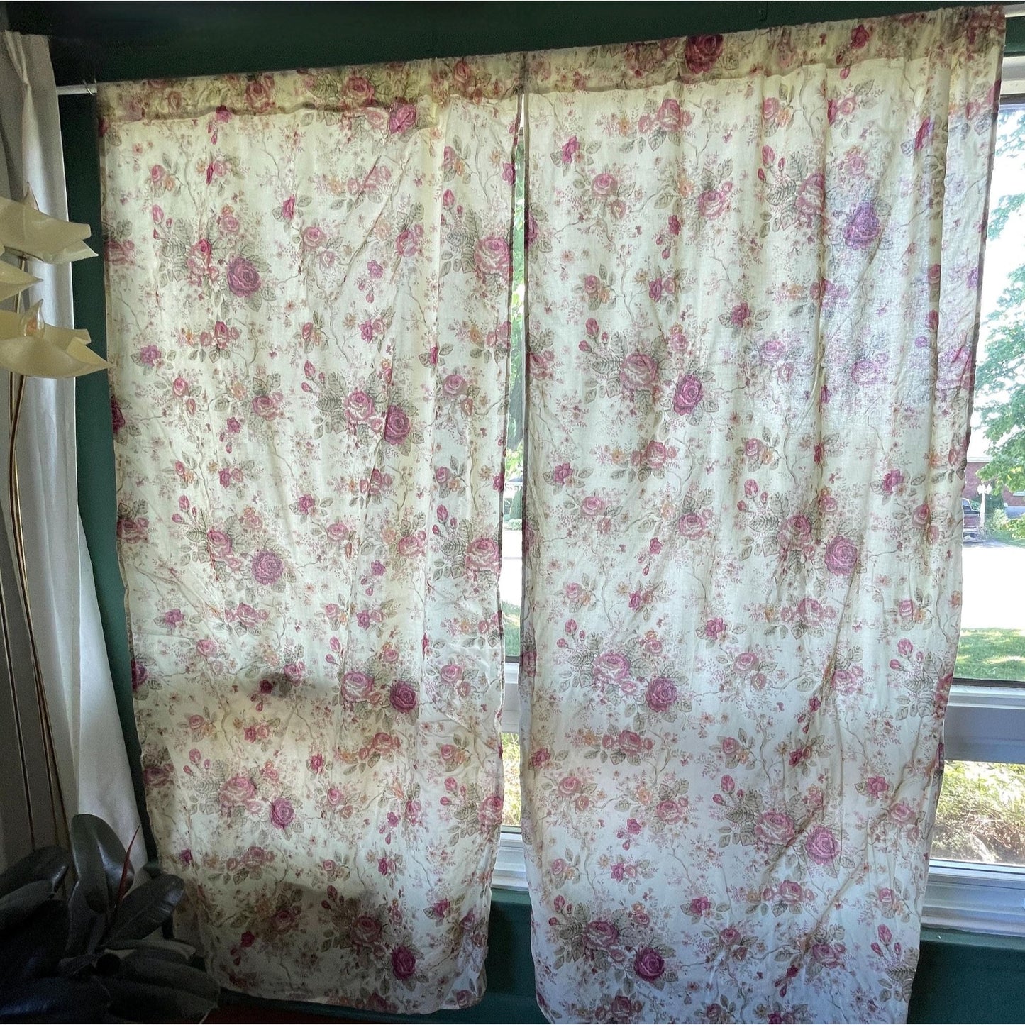 Vintage 90s curtain, beige with pink roses, lined panel