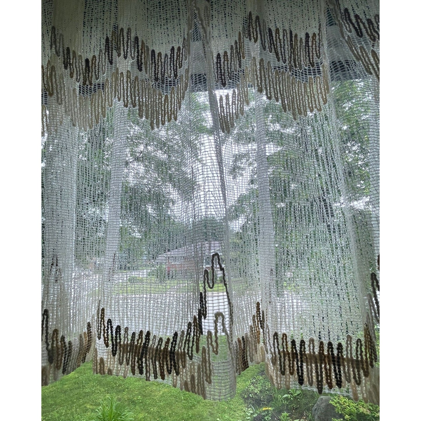 Vintage 80s pleated curtain, tan brown geometric mesh