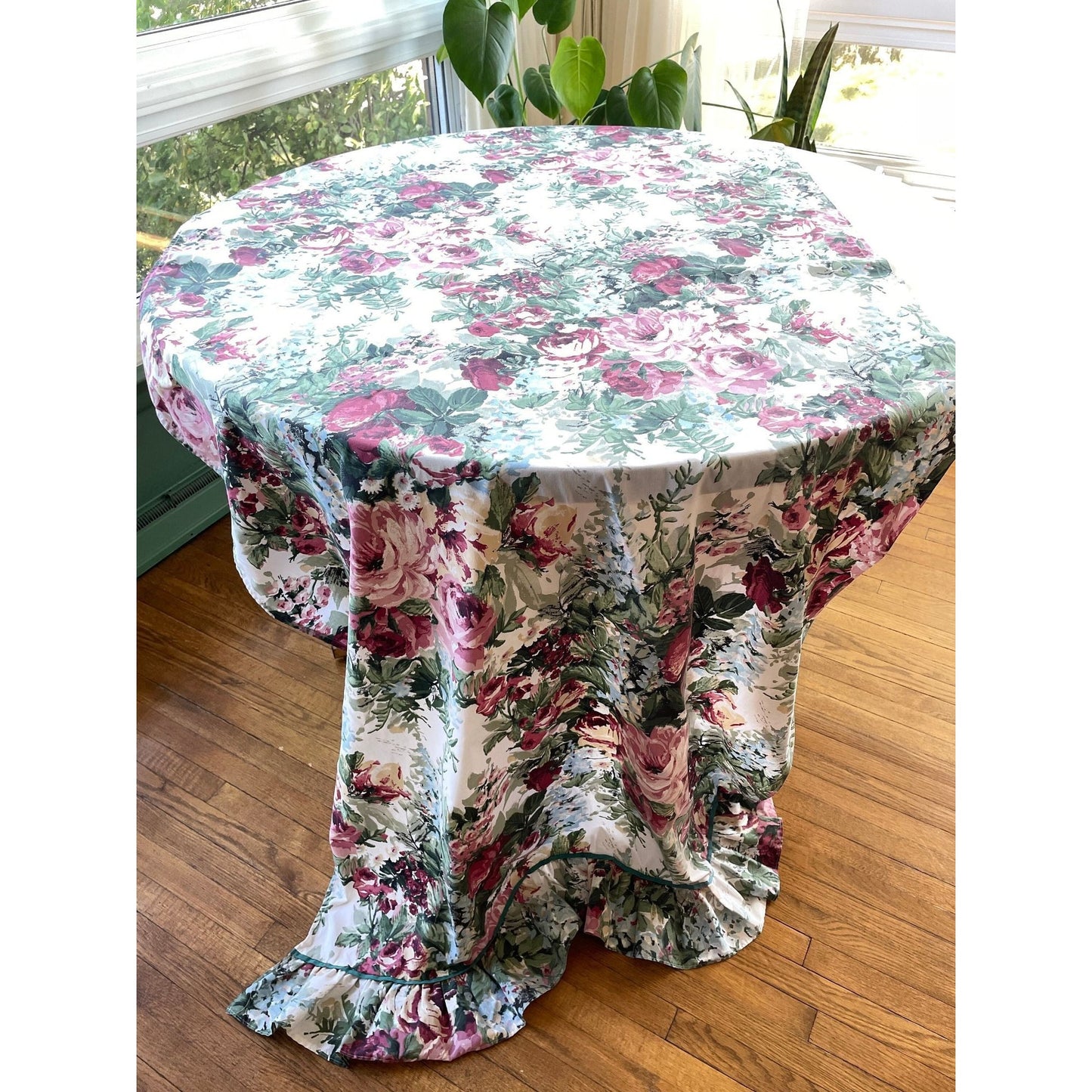 Vintage 80s curtain, green pink floral, ruffled bottom panel