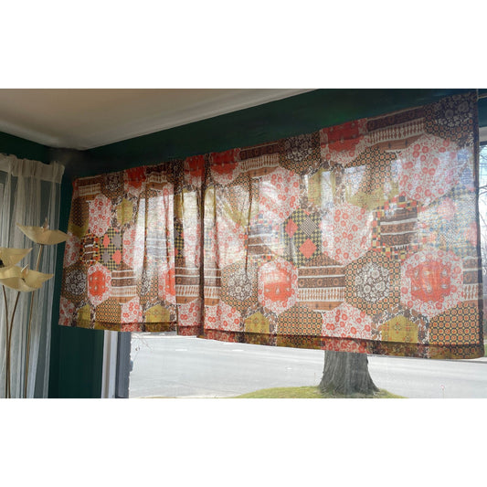 Vintage 70s faux patchwork pattern, orange and brown curtains
