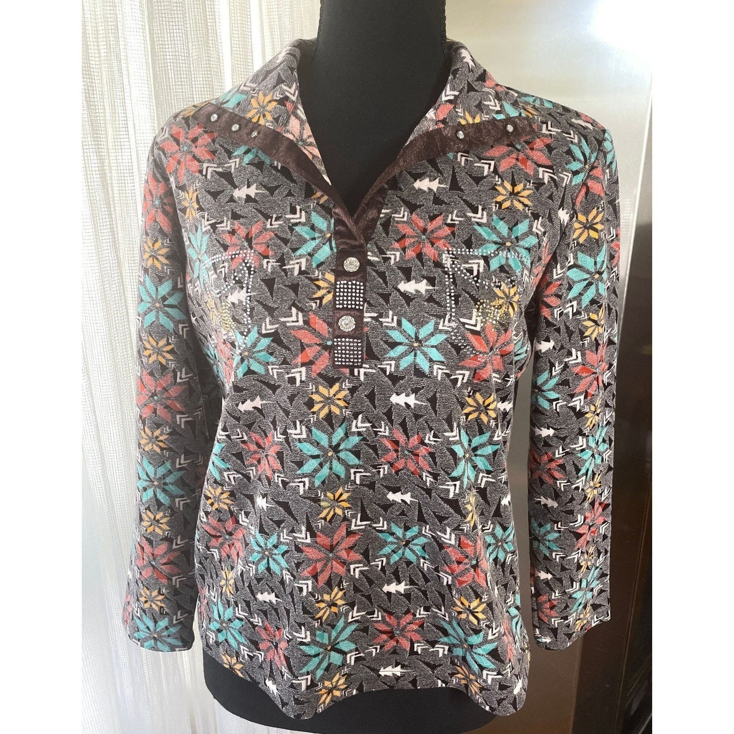 Vintage 70s top, taupe brown, glitter studded top, long sleeves