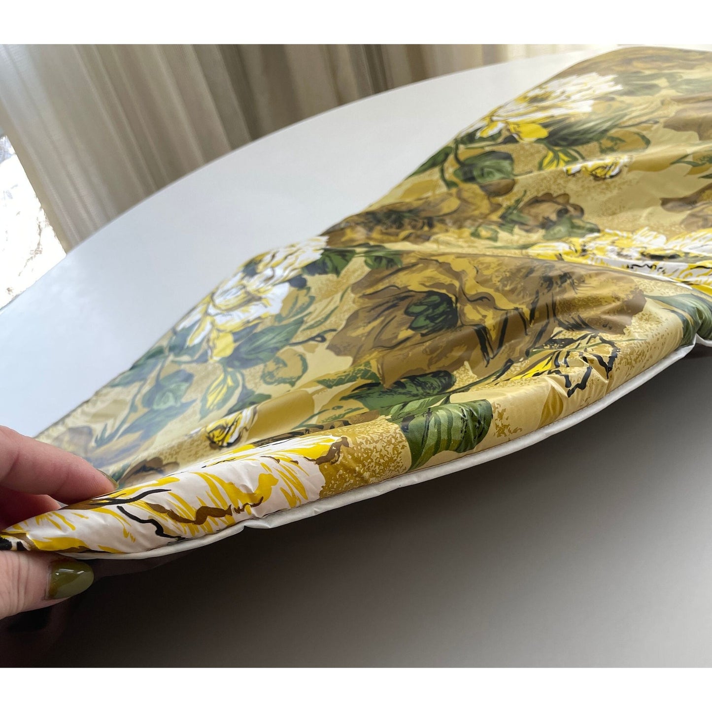 Vintage 70s vinyl lounge chair vinyl cushion, brown, green yellow flowers