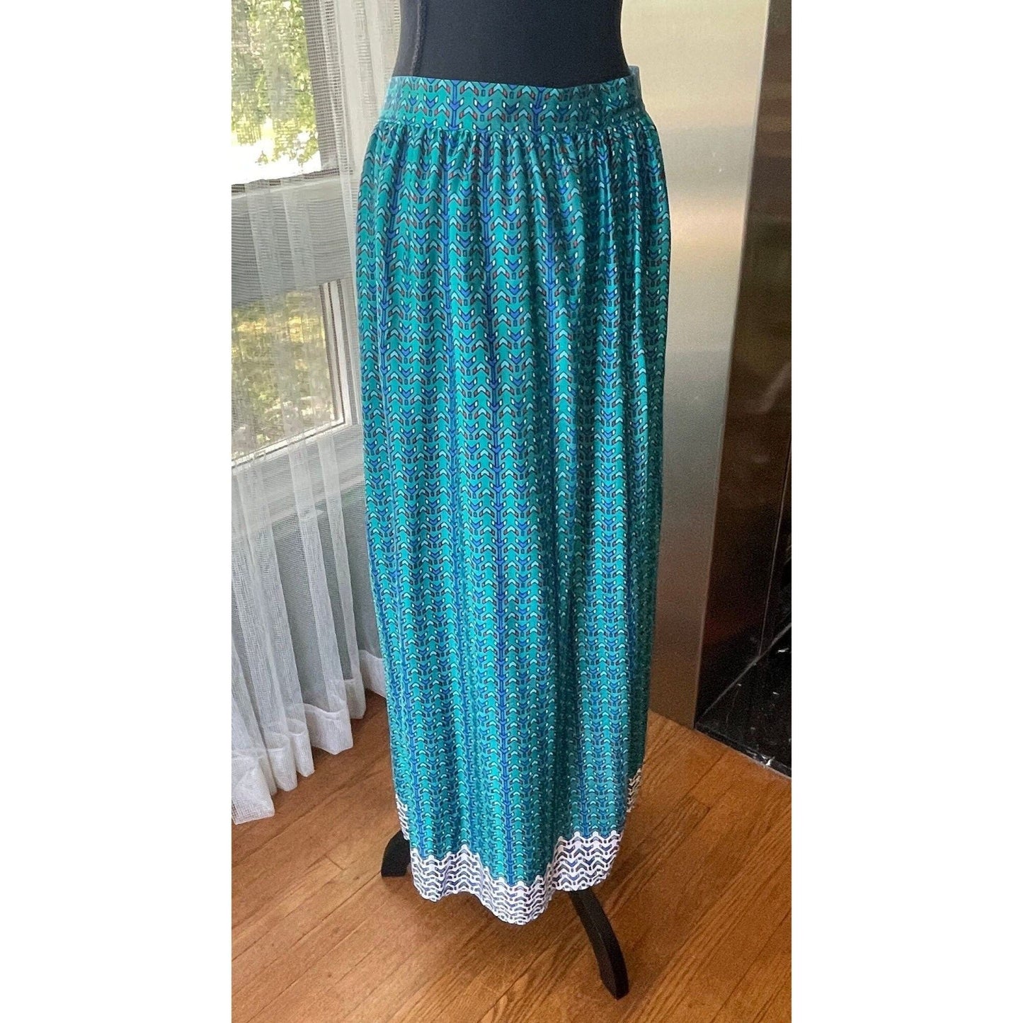 Vintage 80s wrap skirt, teal and blue, ankle length, Oleg Cassini