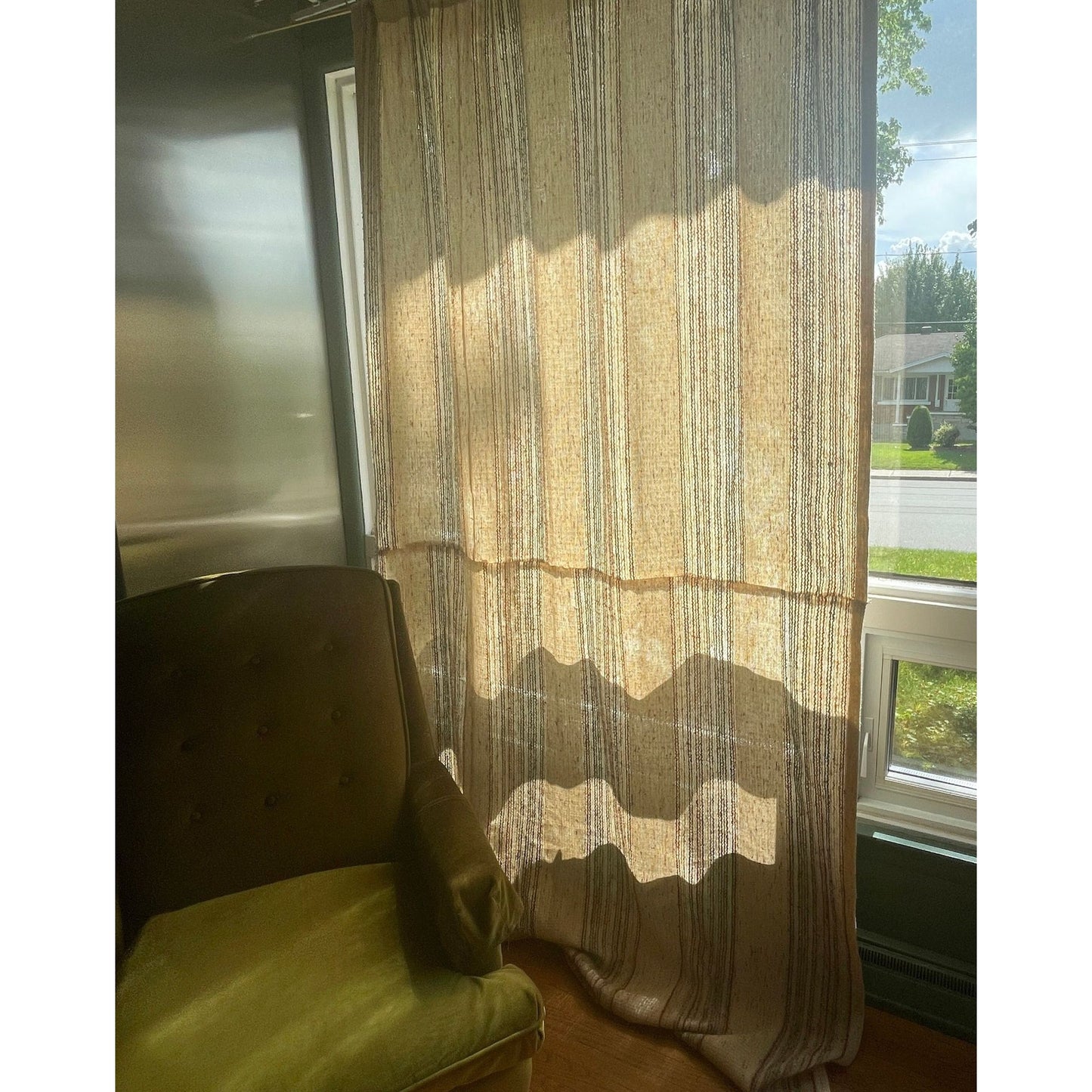 Vintage 70s curtain, tan beige stripes, thick panel