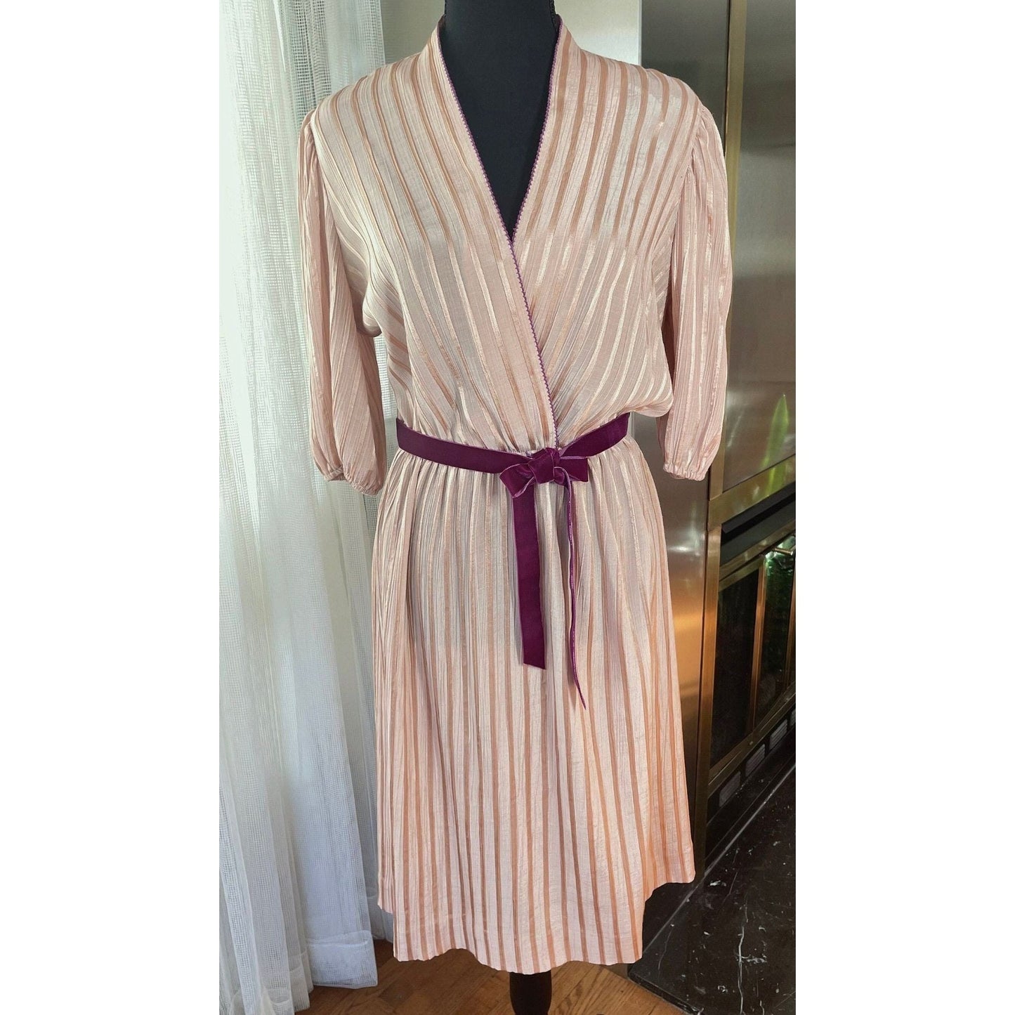 Vintage 80s dress, gold rose textured, velvet raspberry ribbon