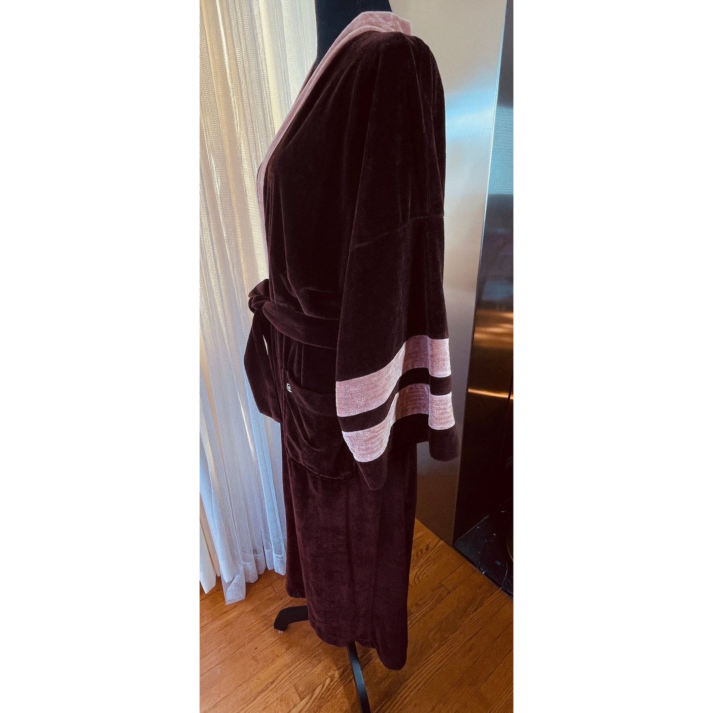 Vintage 1970s bathrobe, chocolate brown velvet, Pierre Cardin