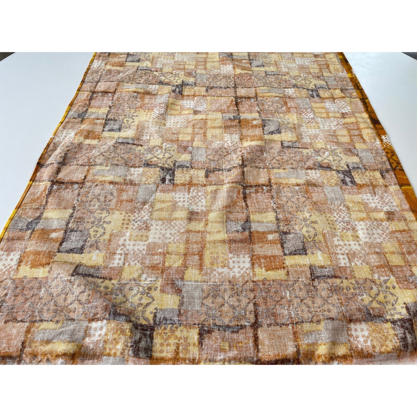 Vintage 60s mod tablecloth, orange geometric pattern