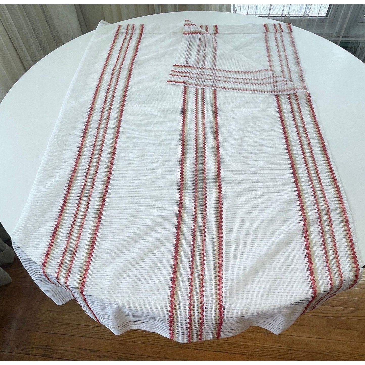 Vintage 70s curtain, red green sheer mesh panel