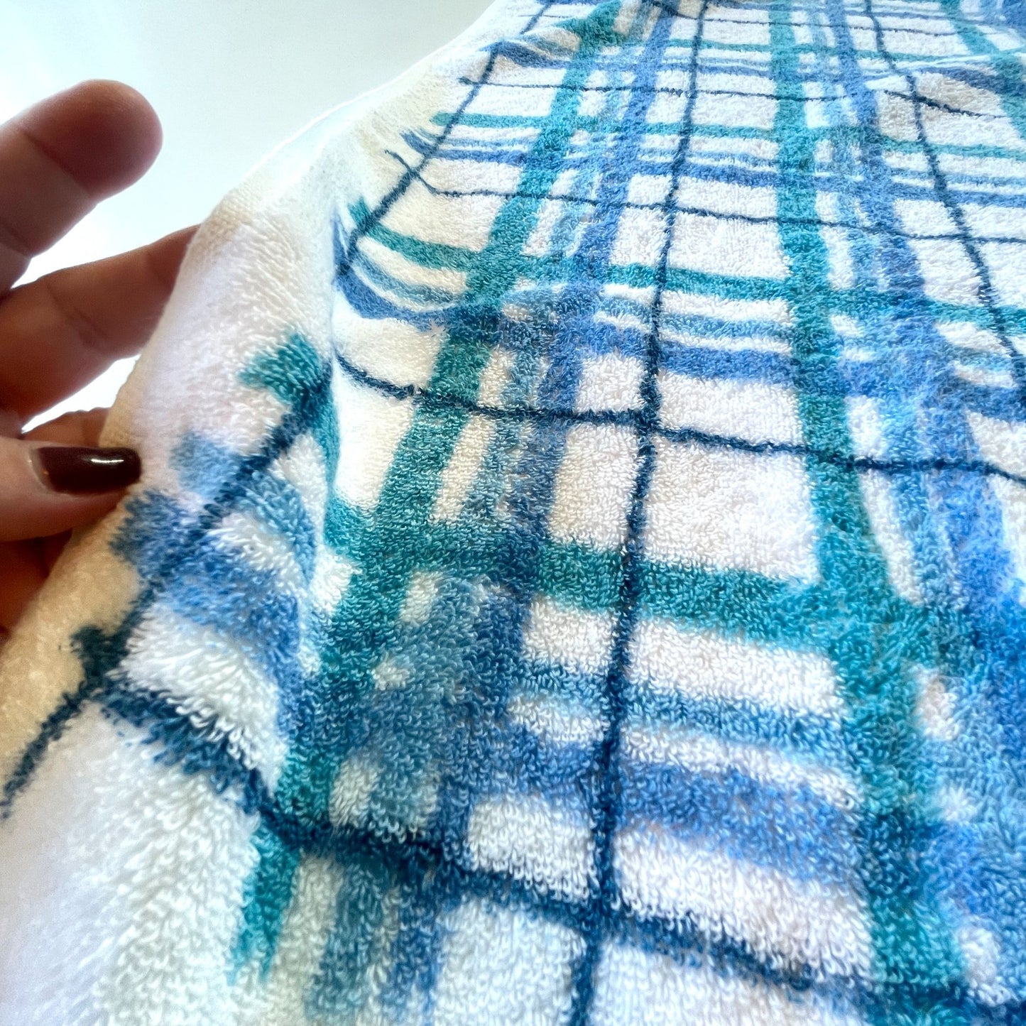 Vintage 80s hand towel, blue plaid pattern, Springmaid