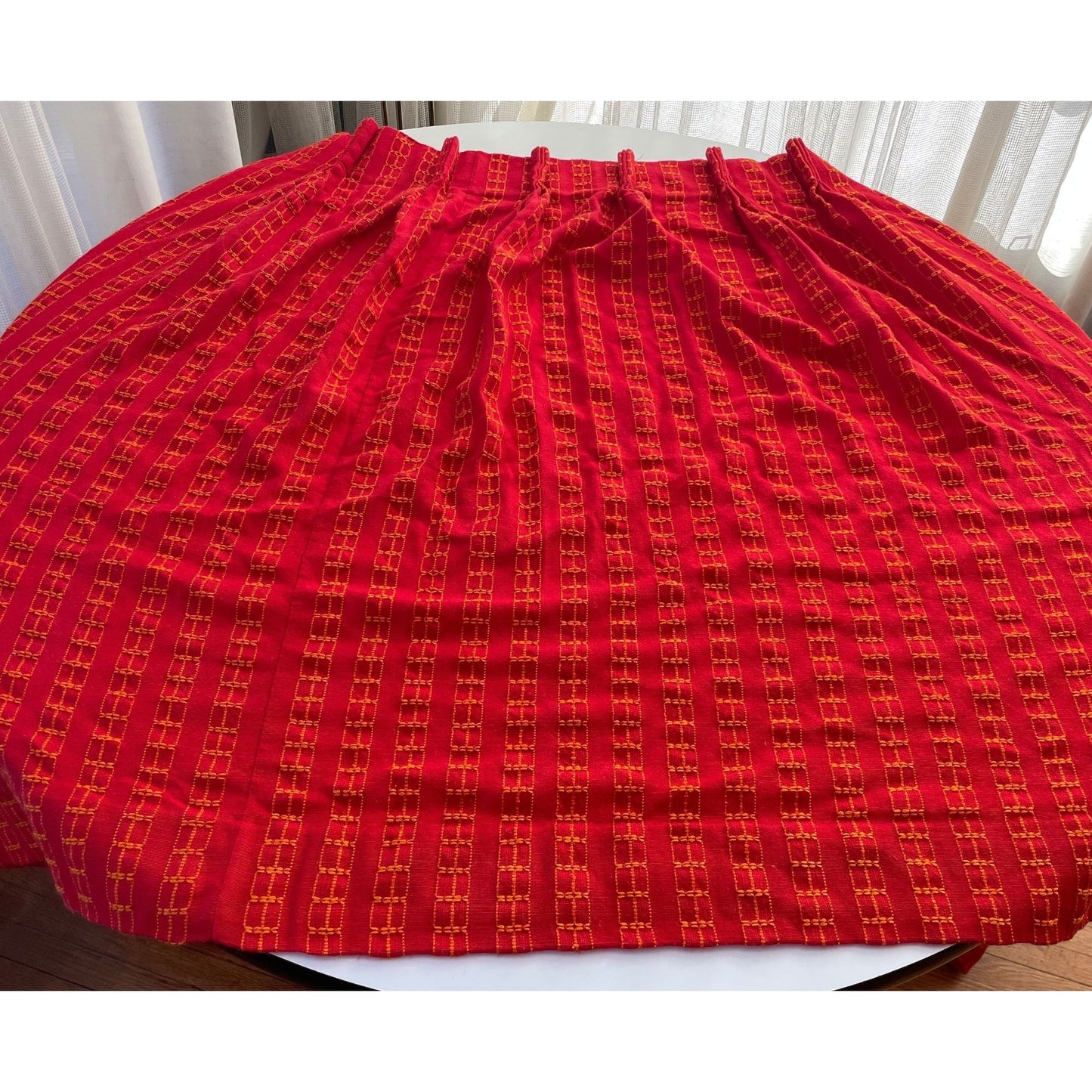 Vintage 70s pleated curtains, pair of red woven panels
