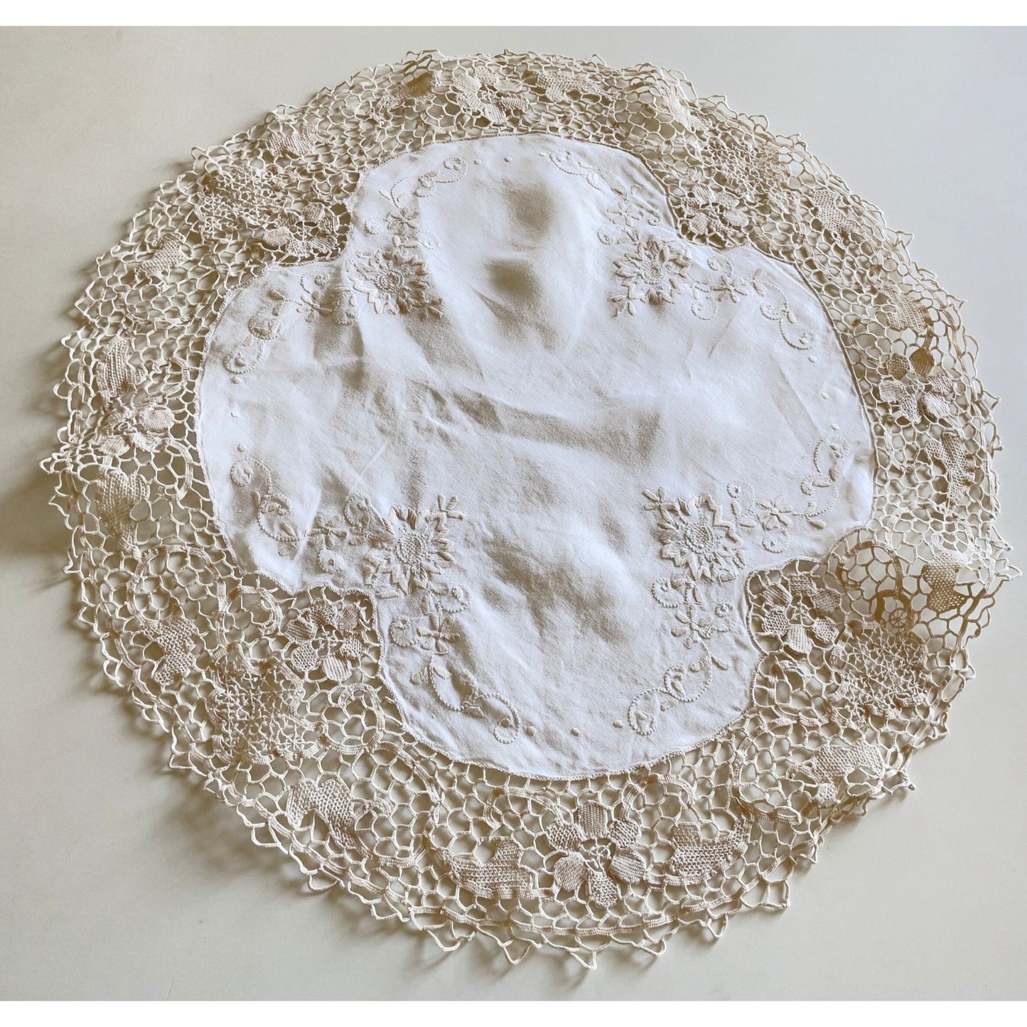 Vintage embroidered and crochet doily, 20 inches wide