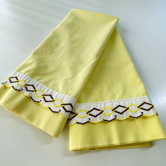 Vintage 70s pillowcases set, solid yellow with embroidered trim, TruPrest