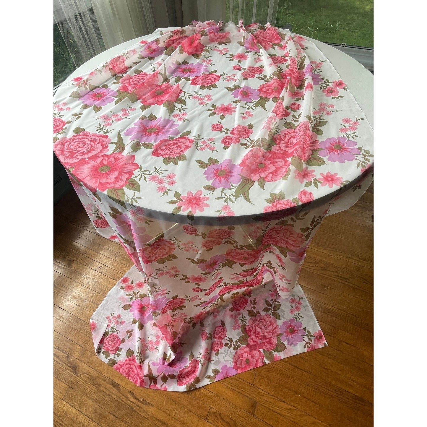 Vintage 50s sheer pink floral pleated curtain
