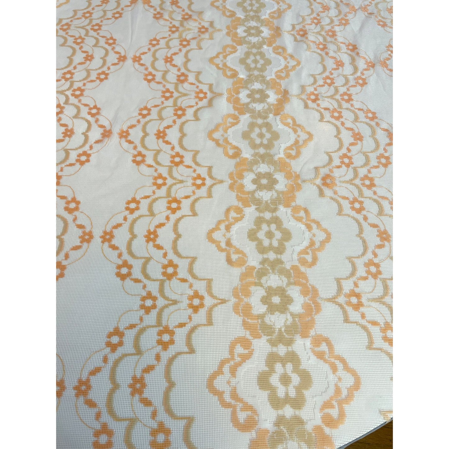 Vintage 70s mesh curtains, orange white groovy pattern, pair