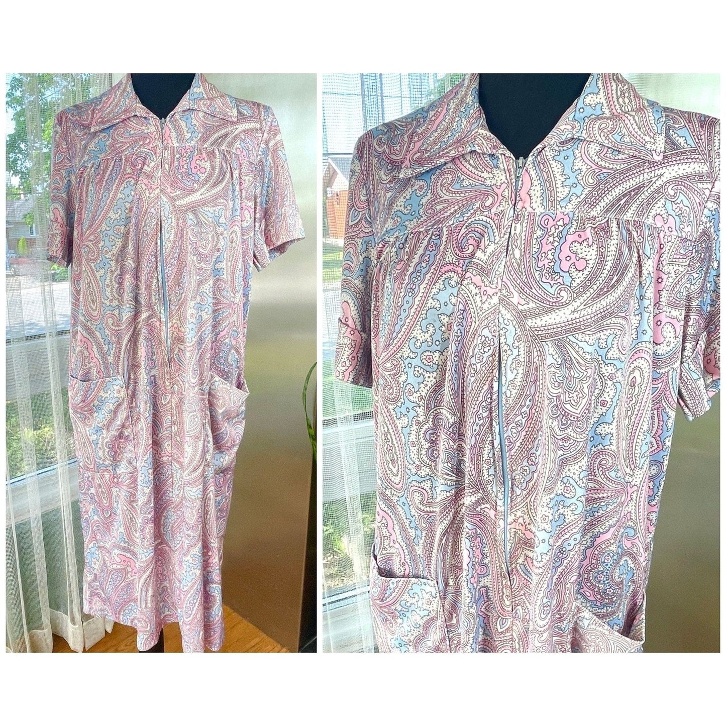 Vintage 80s house dress, pink paisley,  short sleeves