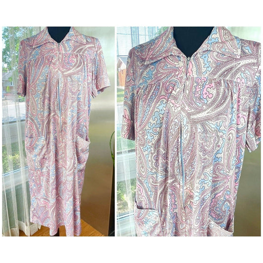 Vintage 80s house dress, pink paisley,  short sleeves