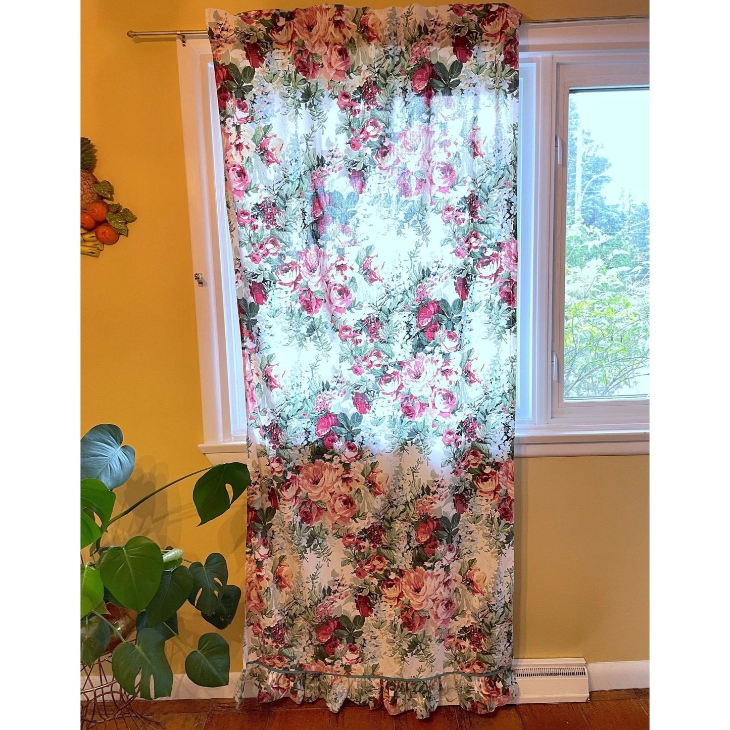 Vintage 80s curtain, green pink floral, ruffled bottom panel