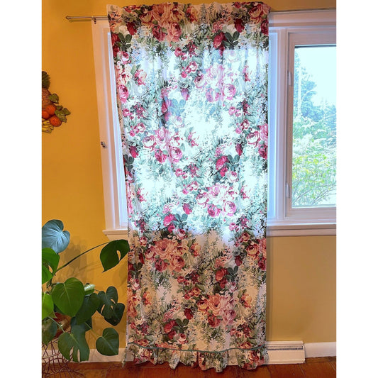 Vintage 80s curtain, green pink floral, ruffled bottom panel