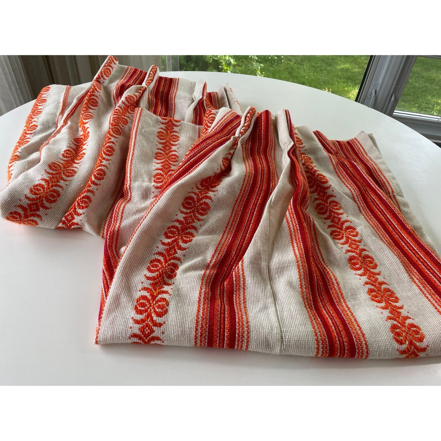 Vintage 70s pleated curtain, red, orange vertical stripes