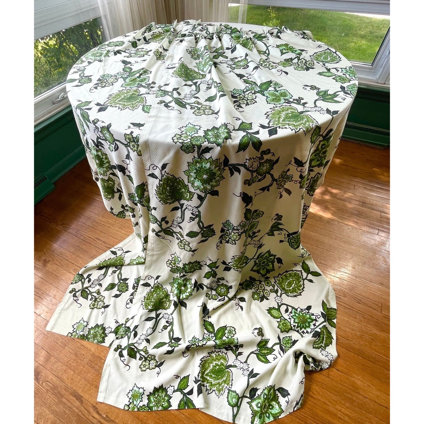 Vintage 60s pleated curtain, green and white bold floral fiberglass panel