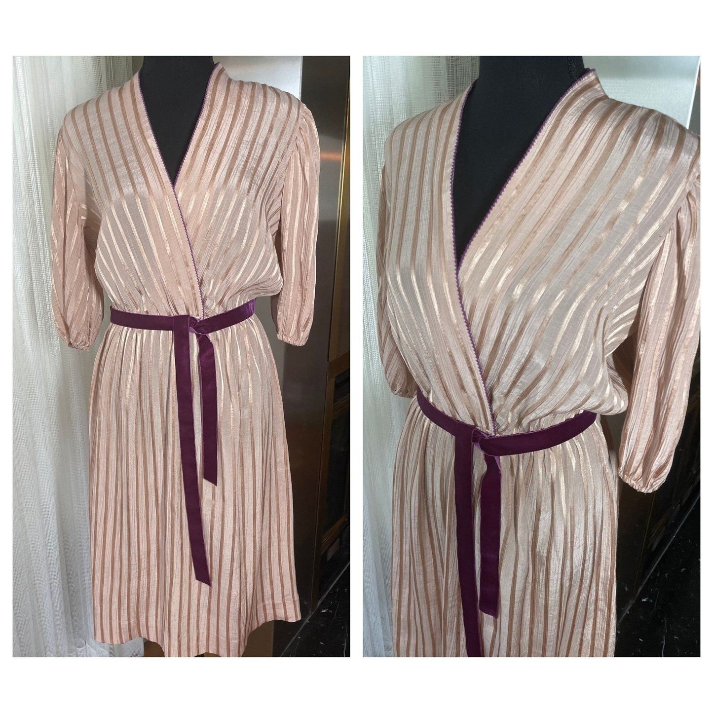 Vintage 80s dress, gold rose textured, velvet raspberry ribbon