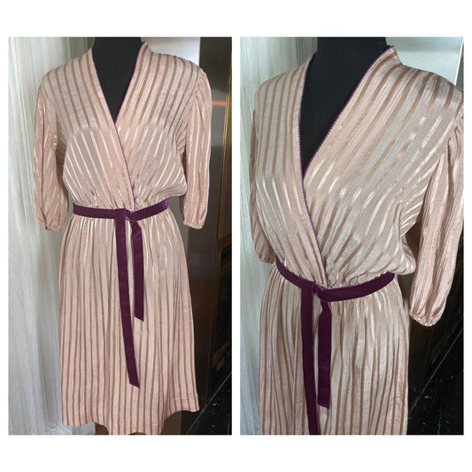 Vintage 80s dress, gold rose textured, velvet raspberry ribbon