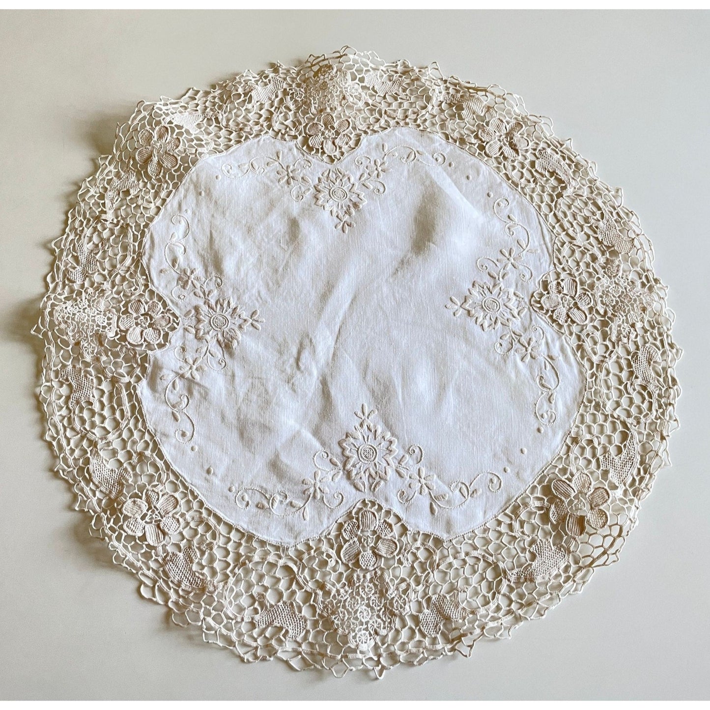 Vintage embroidered and crochet doily, 20 inches wide