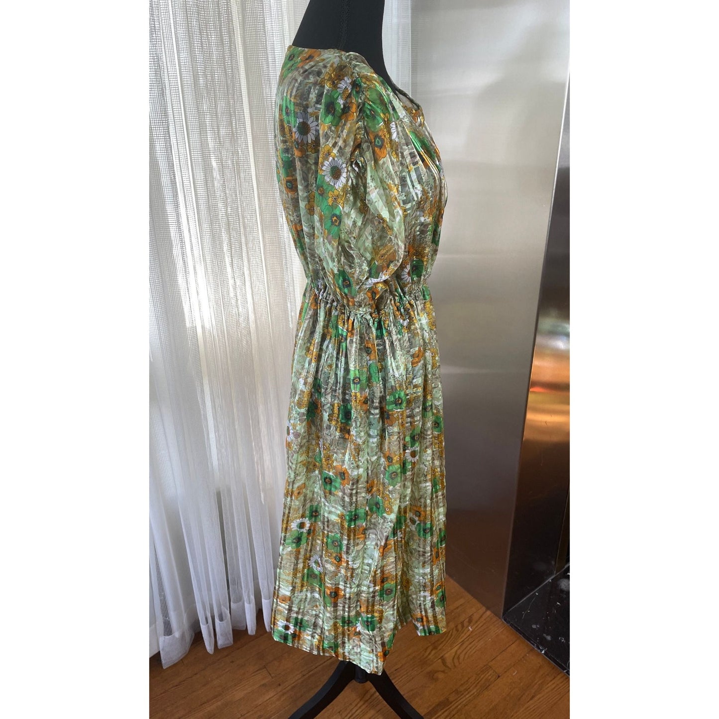 Vintage 80s dress, sheer green orange brown