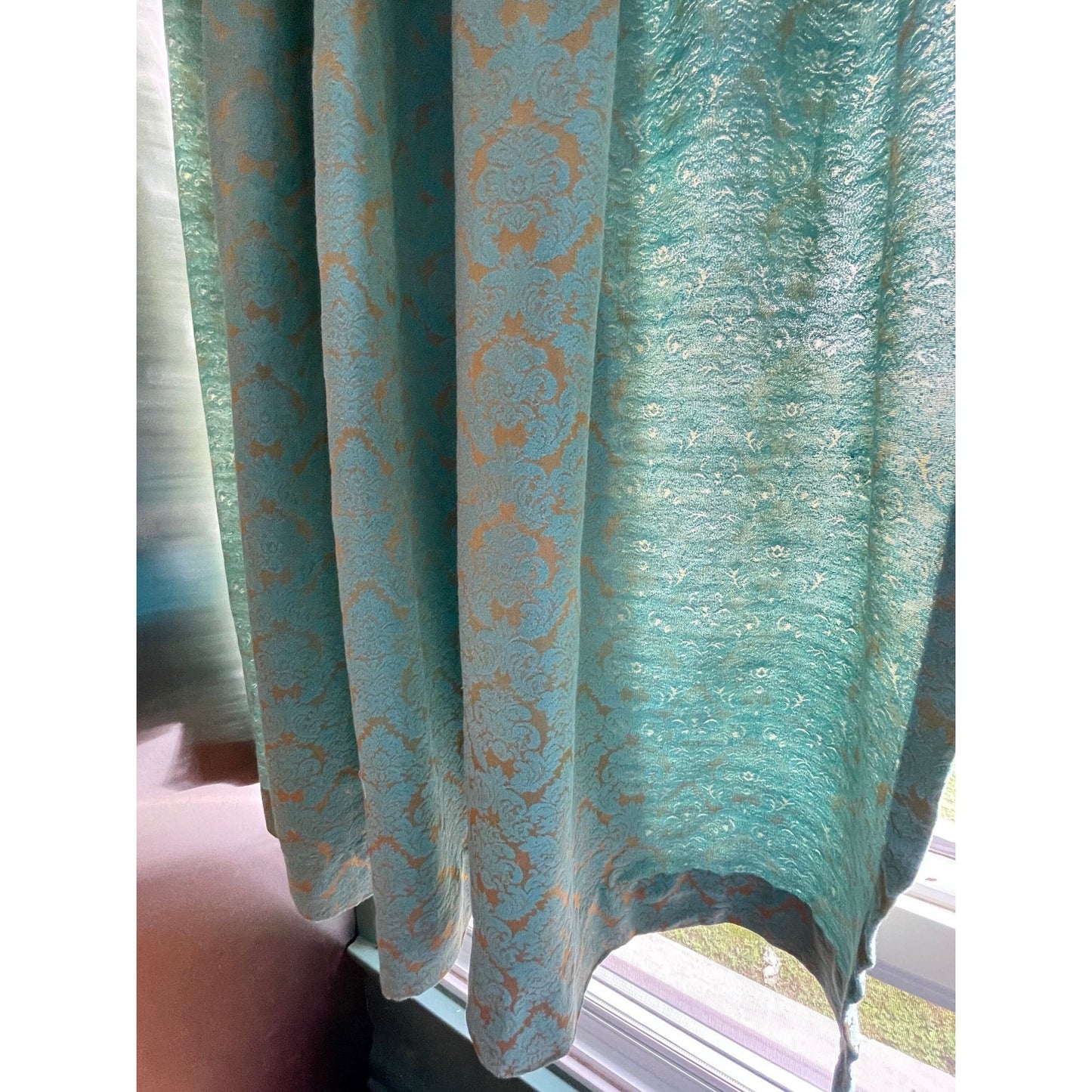 Vintage 60s pleated curtain, teal gold damask