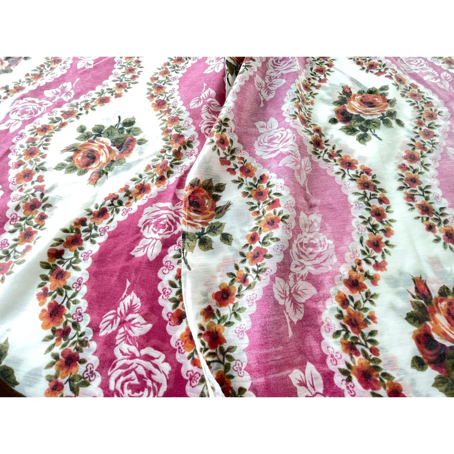 Vintage 70s curtains, pink floral sheer pair of panels