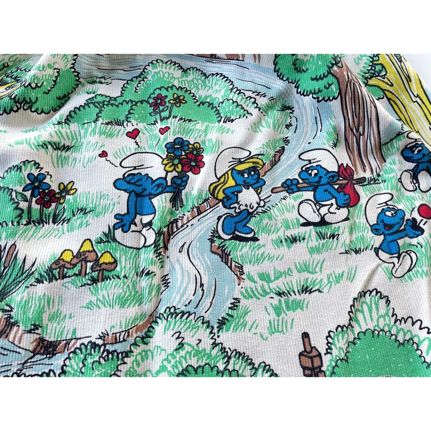 Vintage 70s pleated curtain, Smurf characters, thick panel