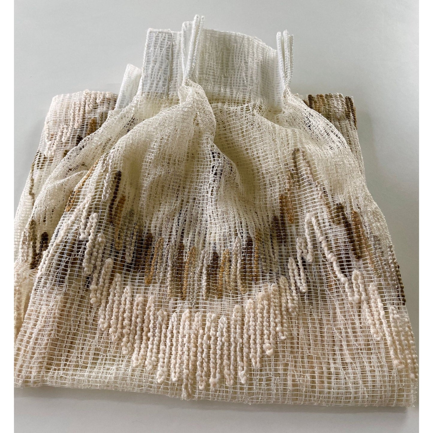 Vintage 80s pleated curtain, tan brown geometric mesh