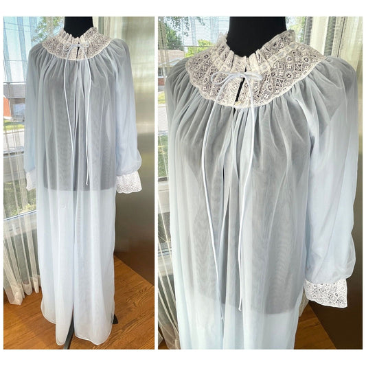 Vintage 1960s peignoir, blue chiffon, bridal honeymoon wear