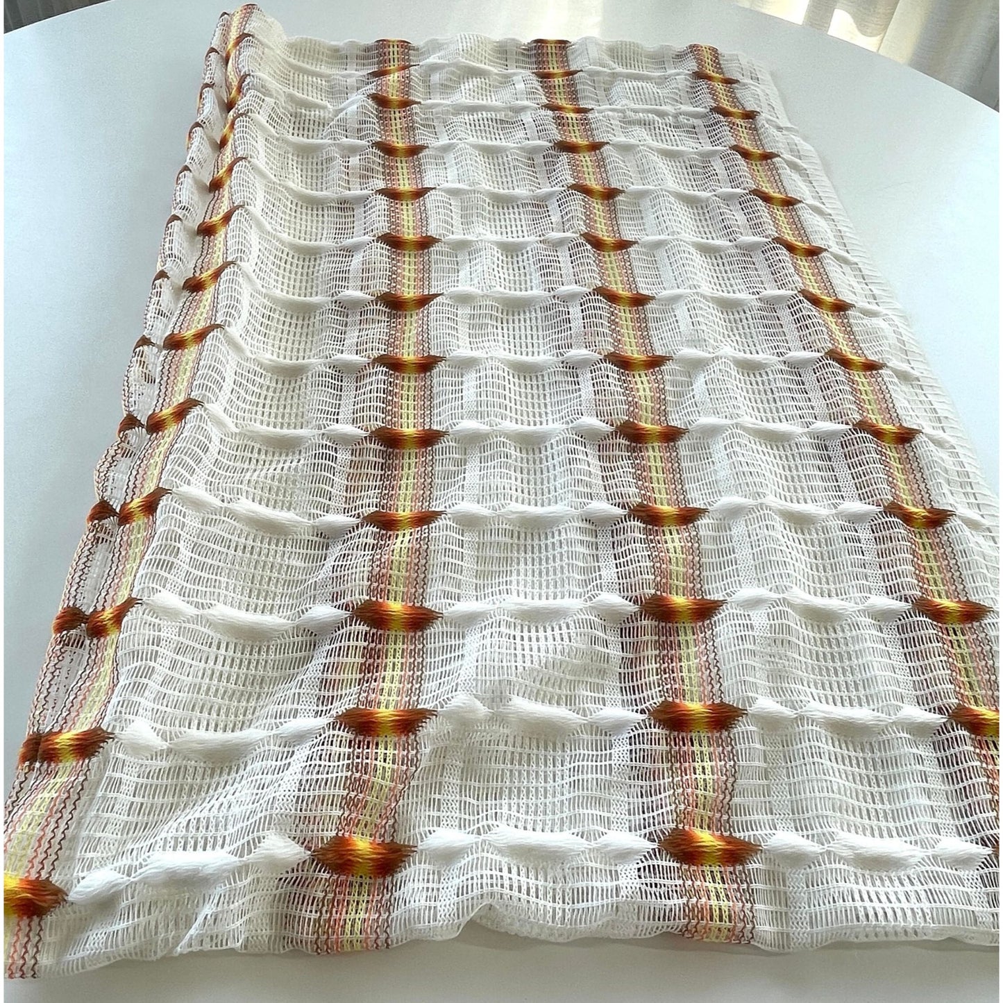 Vintage 70s curtain, orange groovy pattern, mesh panel