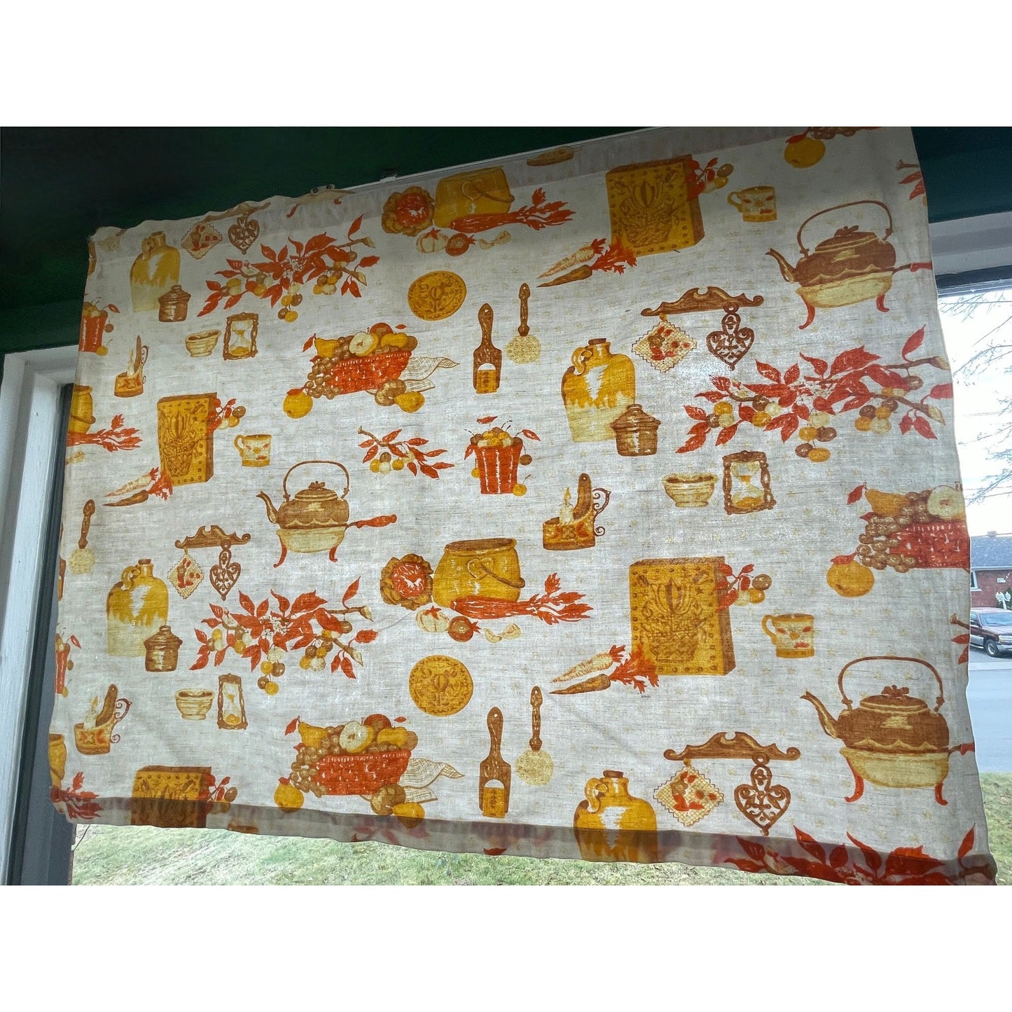 Vintage 70s curtain, orange kitchen appliances