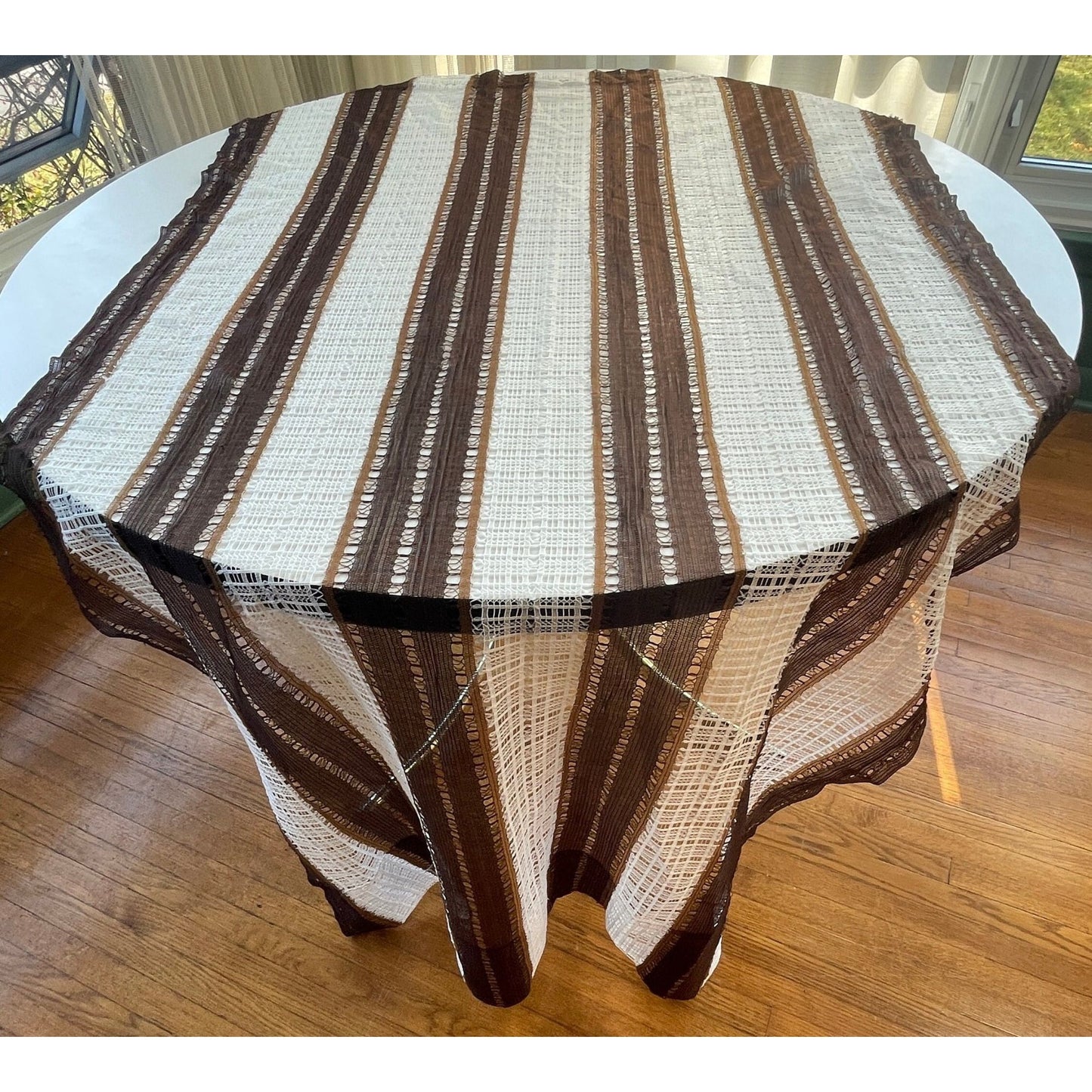 Vintage 70s curtain, brown white stripes, mesh panel