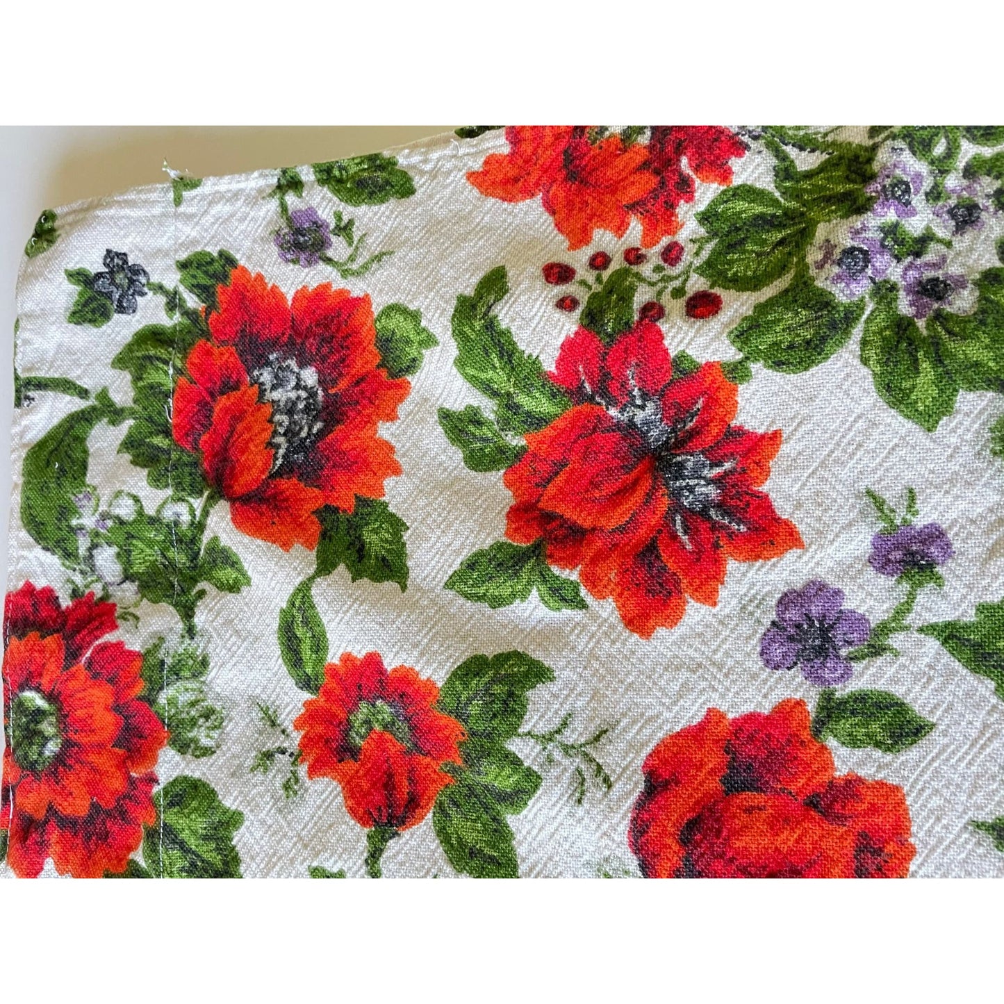 Vintage 60s barkcloth red floral curtain, single panel
