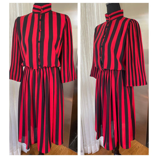 Vintage 70s dress, black and red stripes, long sleeves