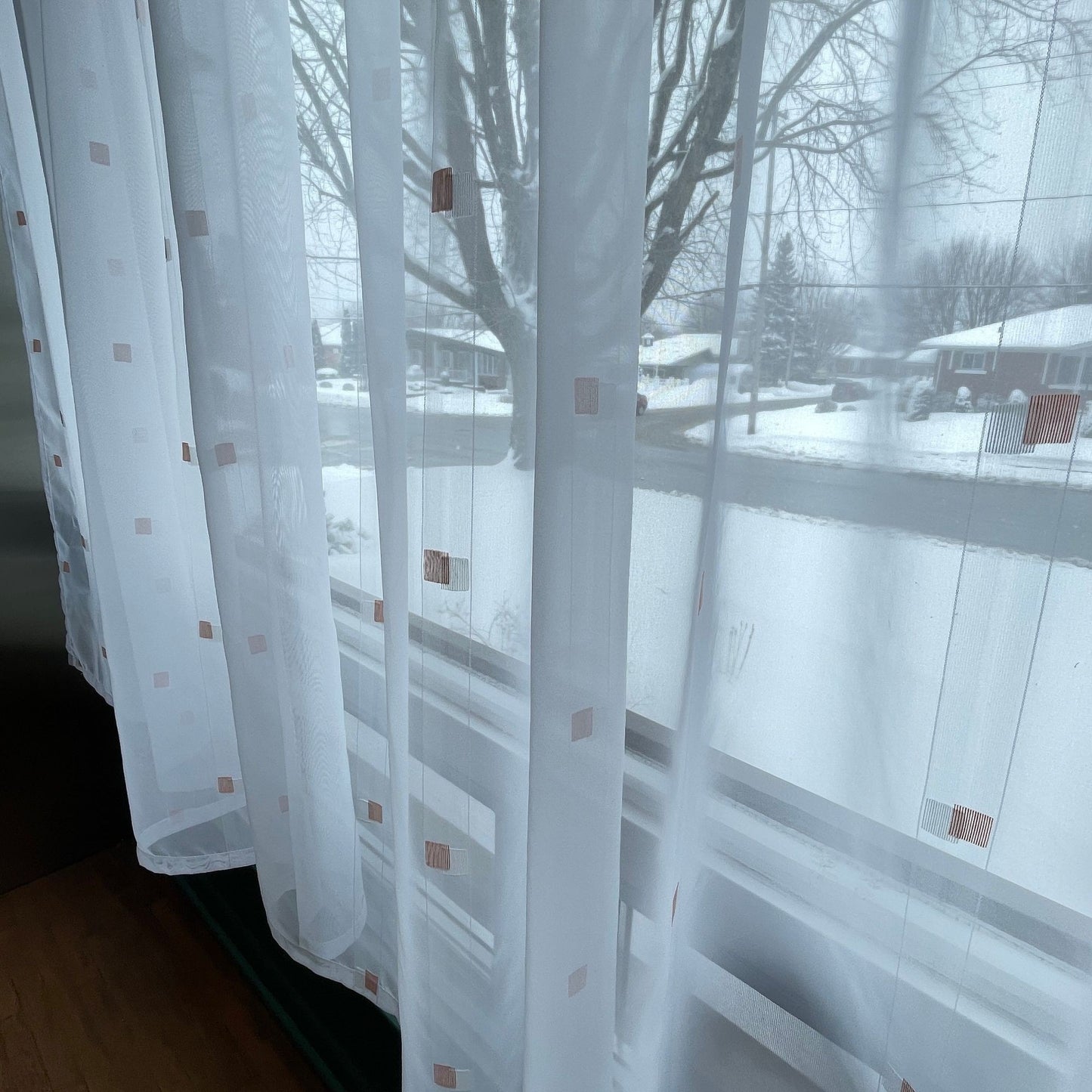 Vintage 80s curtain, white peach geometric pattern, sheer panel