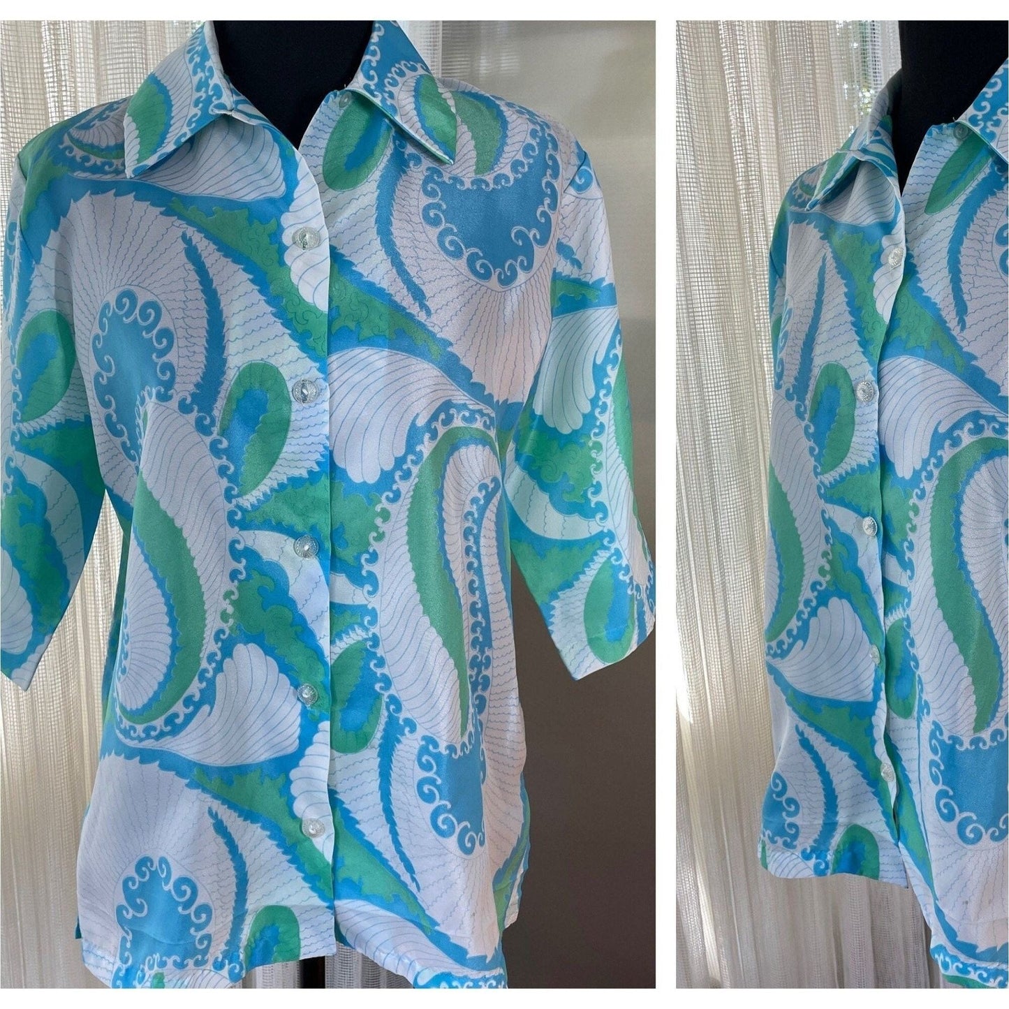 Vintage 70s blouse, large blue green paisley, 3/4 length sleeves