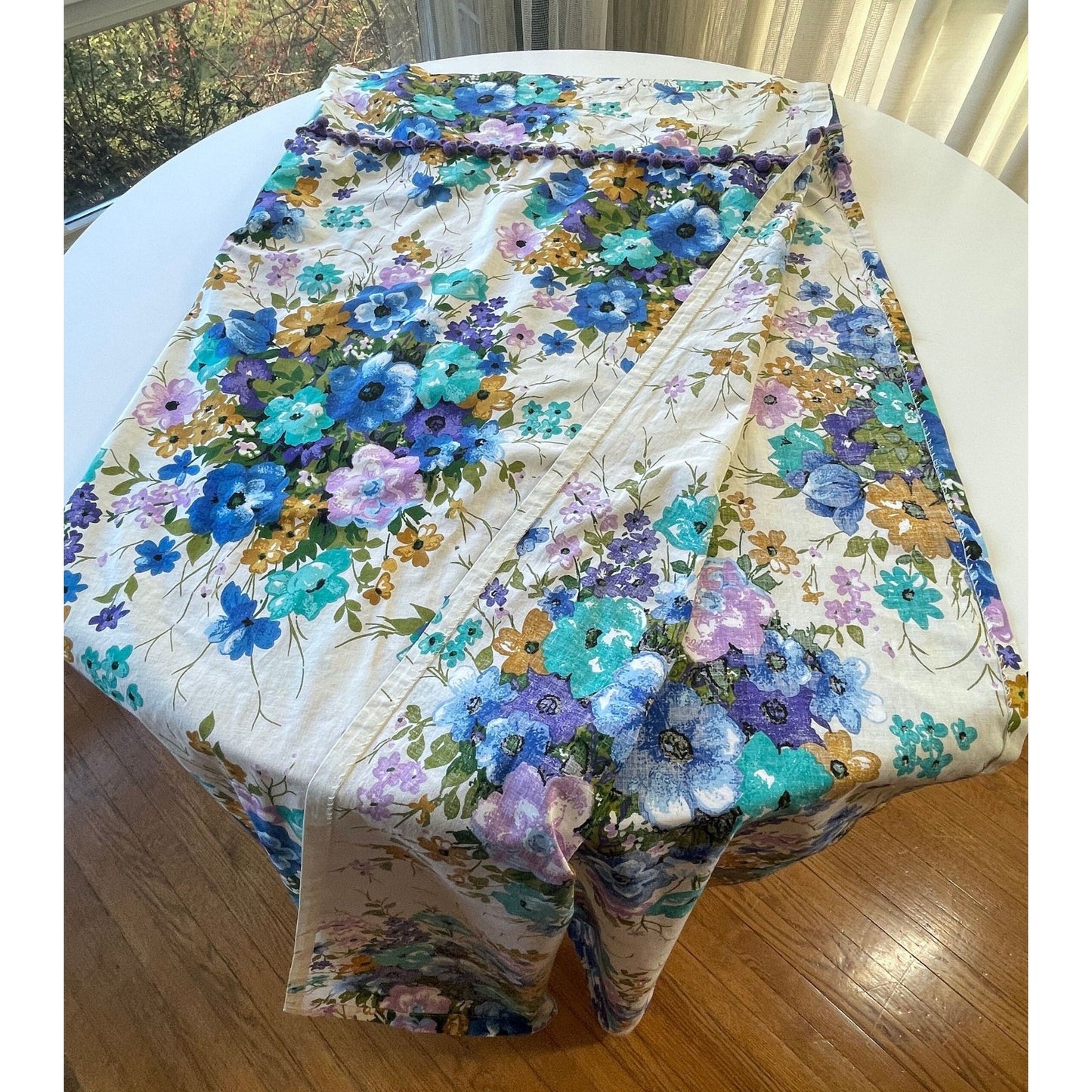Vintage 70s purple and blue shower curtain, with valance and pom poms