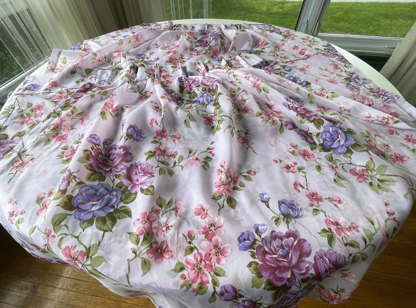 Vintage 60s pleated curtains, purple floral