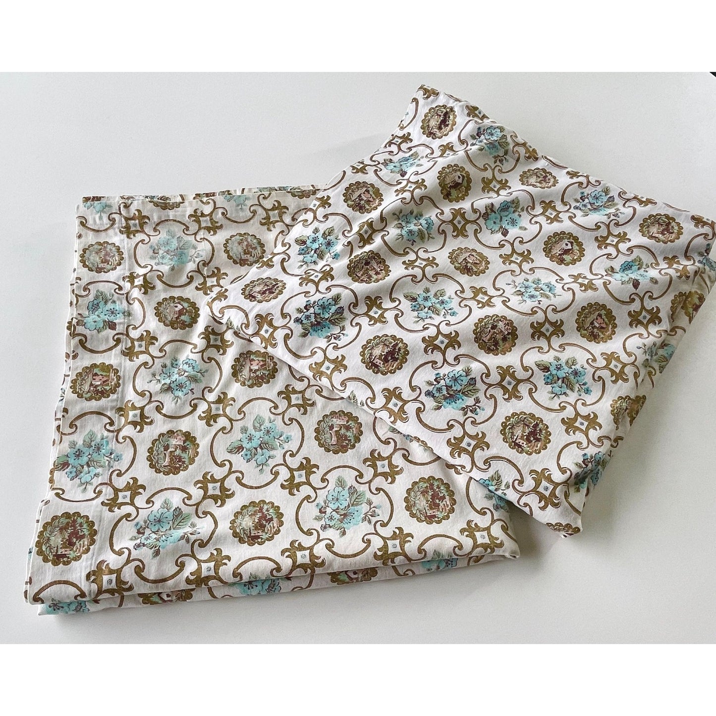 Vintage 50s curtain panel, cream blue gold pleated or rod pocket