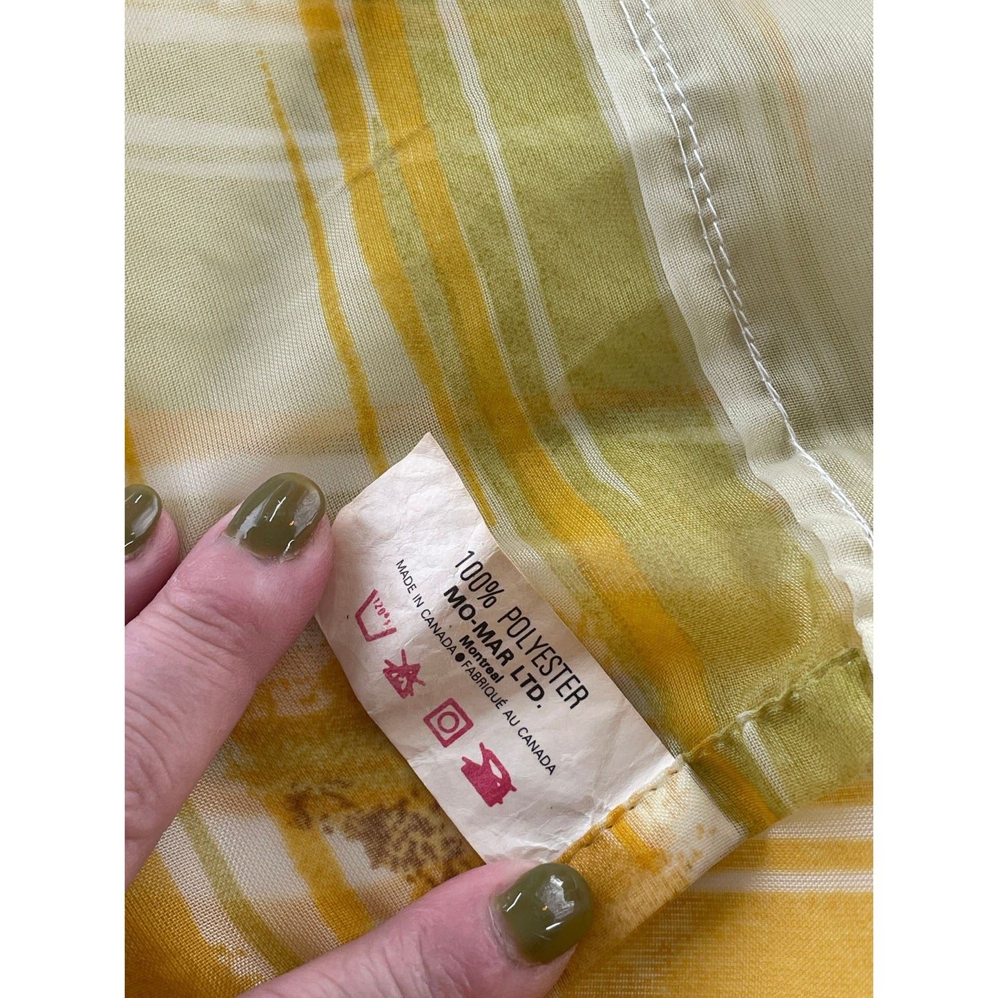 Vintage 70s curtains, green orange forest pattern, pair sheer panels