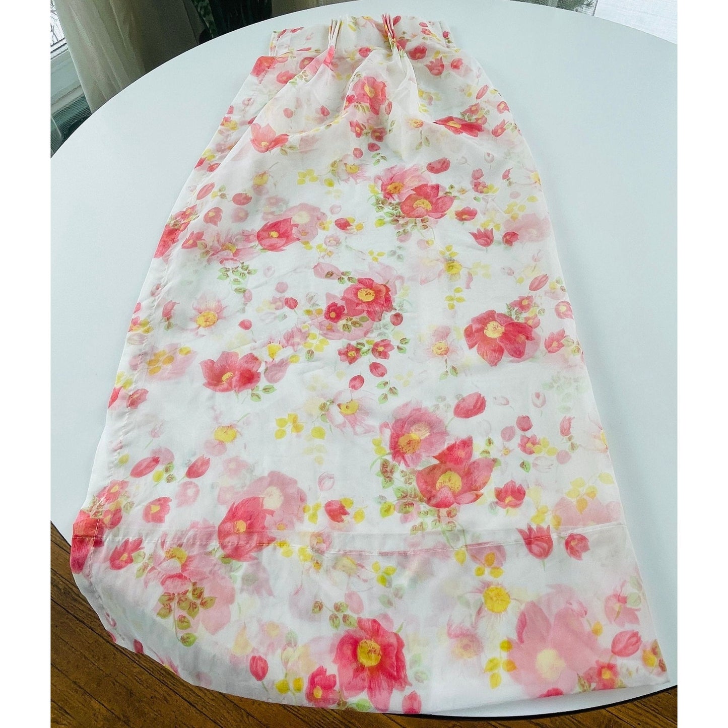 Vintage 70s pleated curtain, sheer pink floral panel