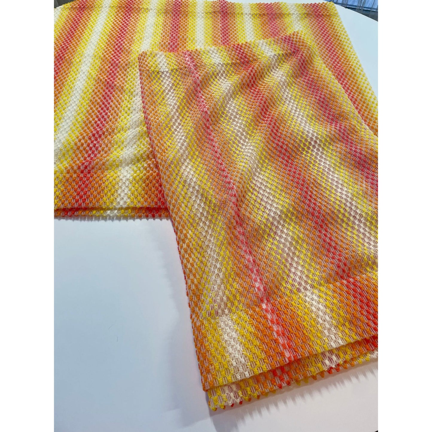 Vintage 70s curtain, orange yellow ombre pattern, mesh panel