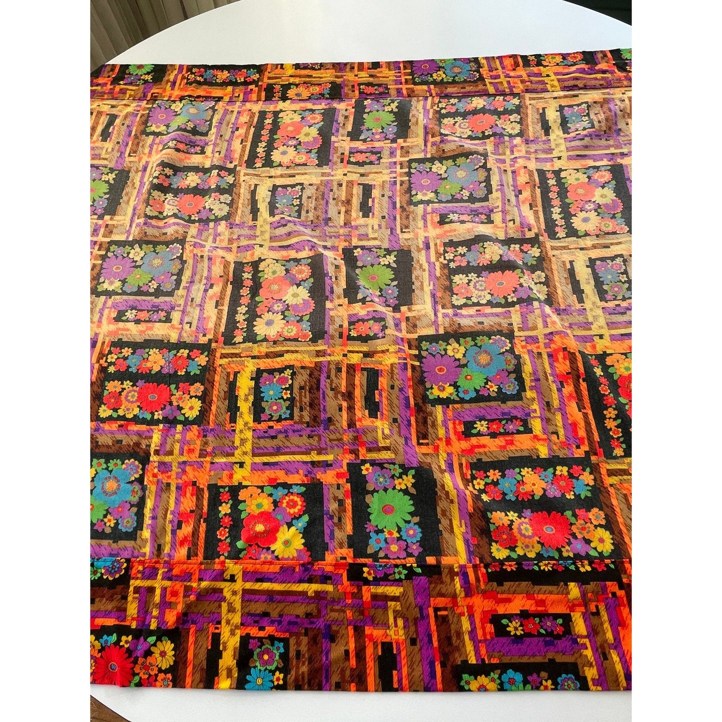 Vintage 70s floral curtain panel, orange, hot pink, green, blue