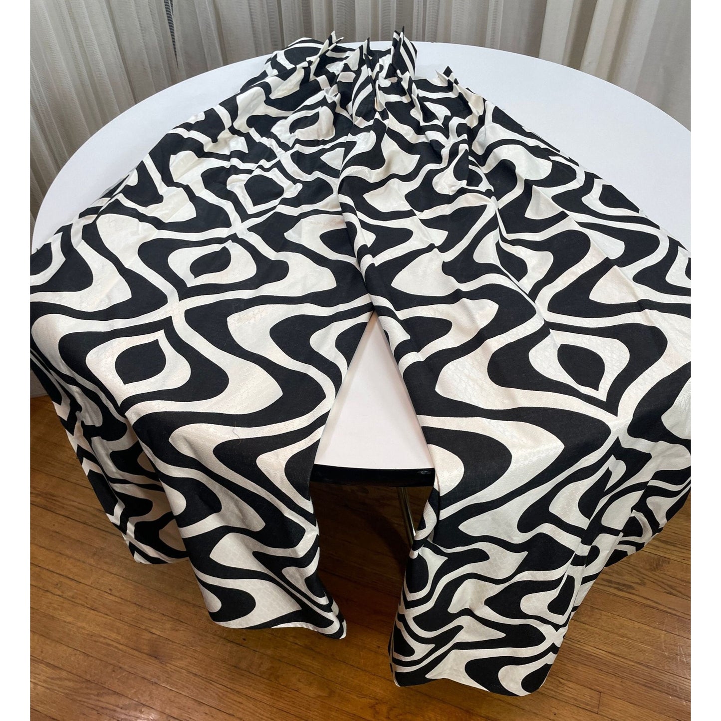 Vintage 50s pleated fiberglass curtains, Op Art black and white